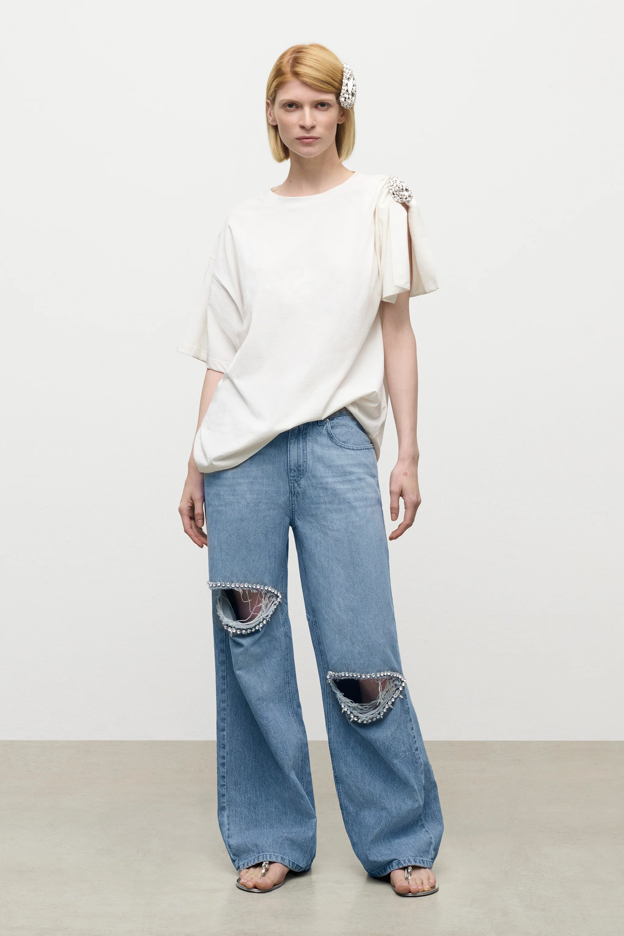 Distressed Crystal Relaxed Slit Jean - Image 3