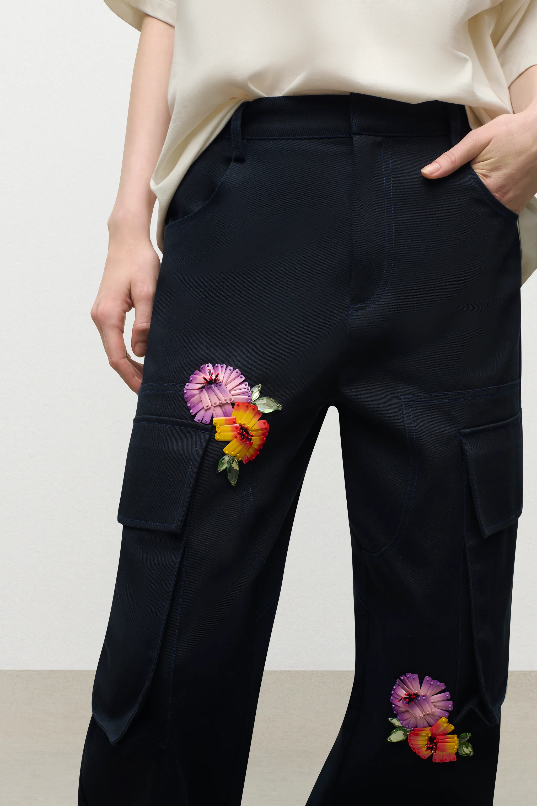 Embroidered Flower Cargo Pant - Image 5